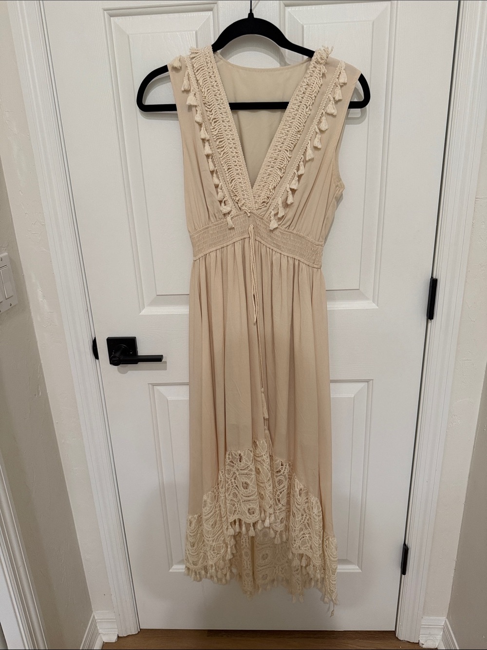 Beige Tassel V-Neck Maxi Dress